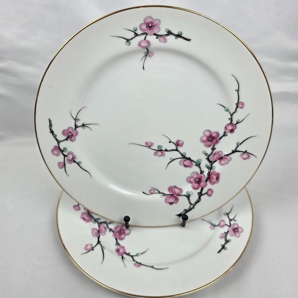 TWO Diamond China Cherry Blossom Dinner Plates White with Pink Flowers